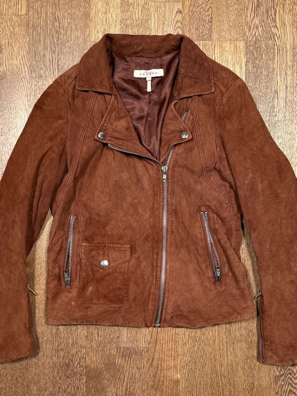 Vintage Y2K Sandro Suede Goat Leather Moto Motorcycle Perfecto Jacket Womens 2